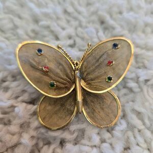 Vintage Gold Mesh Butterfly Brooch Pin stone accents